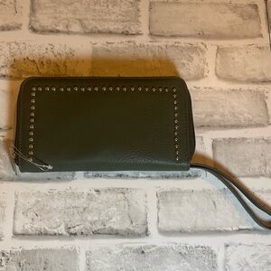 Stylish Greenish/gray Wristlet Wallet studded rivets. Strap. New-no tags.